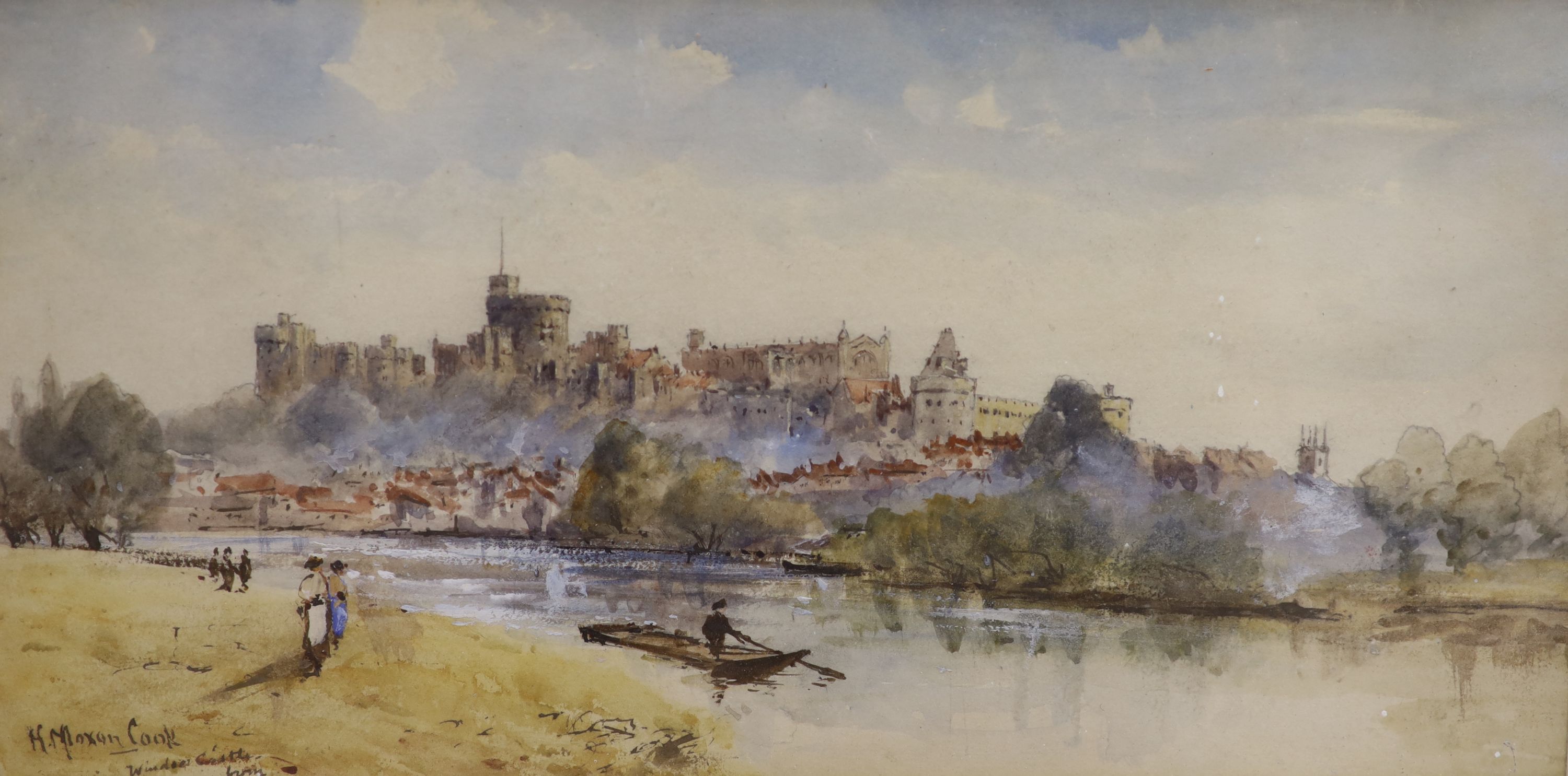 Herbert Moxon Cook (1844-1928), watercolour and ink, Windsor Castle from The Thames, signed, 17 x 33cm